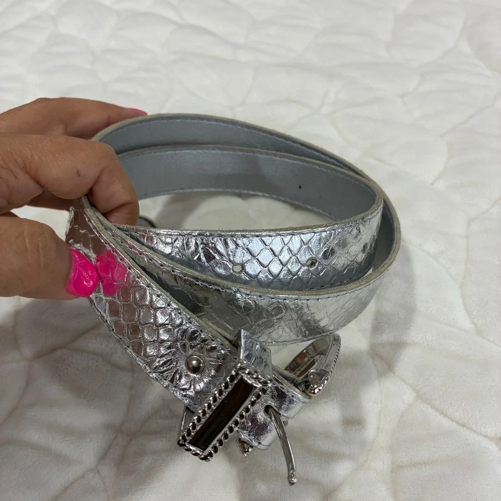 VTG Accessories by Pearl‎ Silver Snakeskin Genuine Leather Casual Belt Large